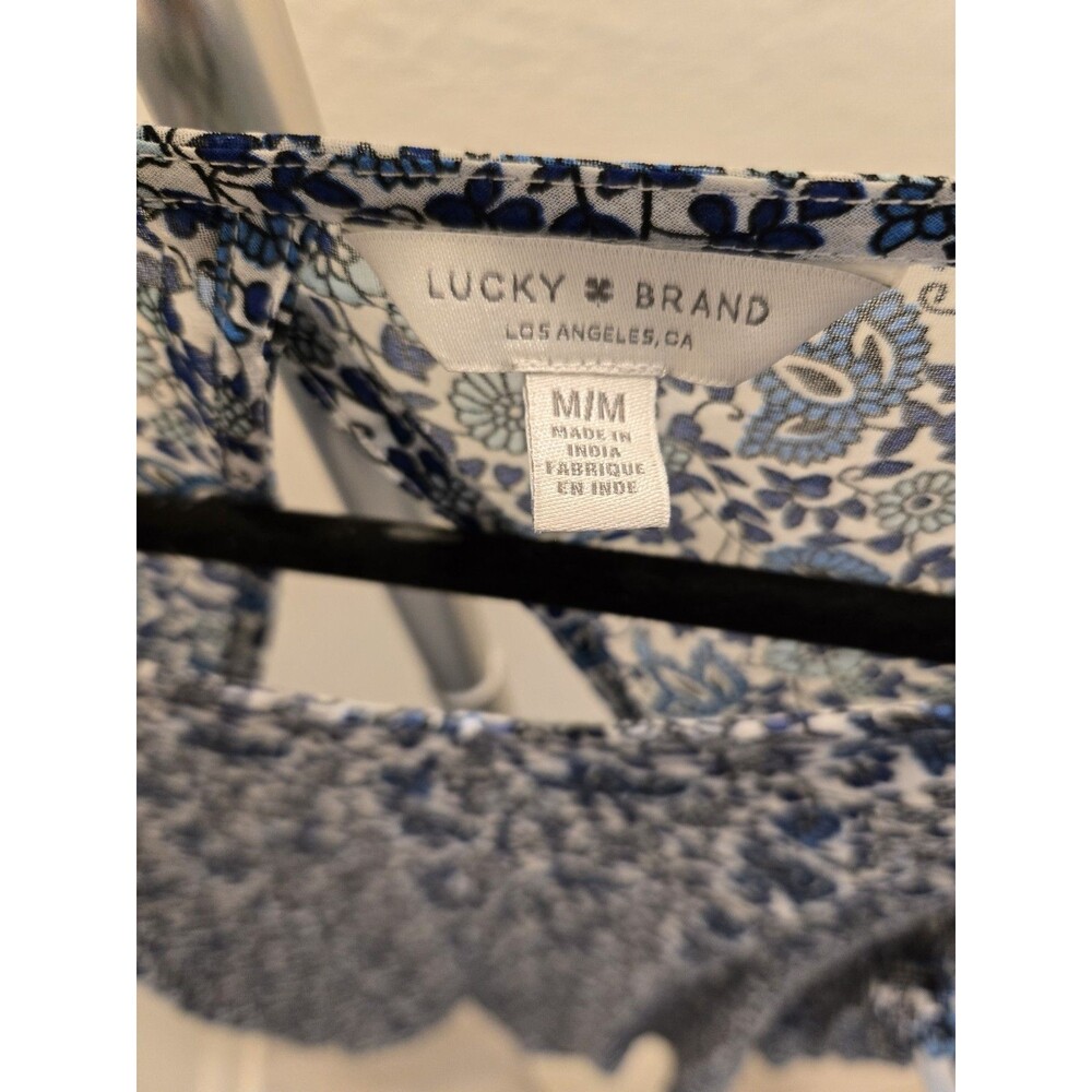 Lucky Brand Blouse Navy Blue Geo Boho Paisley Print Short Sleeve Top Women's M - Picture 3 of 11